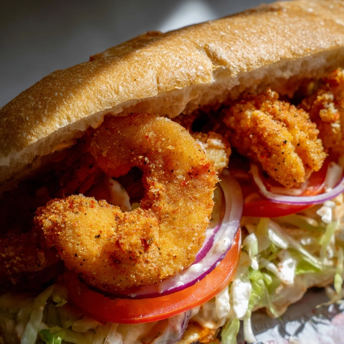 Shrimp Po Boy sandwich stacked high with crispy crustaceans, pickles, and spicy remoulade on a hoagie roll.