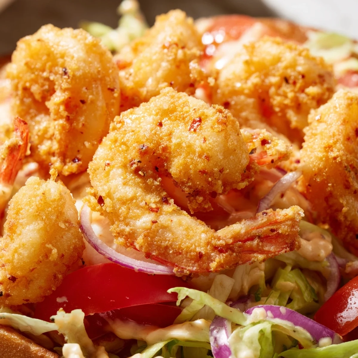 A classic Shrimp Po Boy with remoulade sauce, served fresh with Cajun fries on a rustic plate.