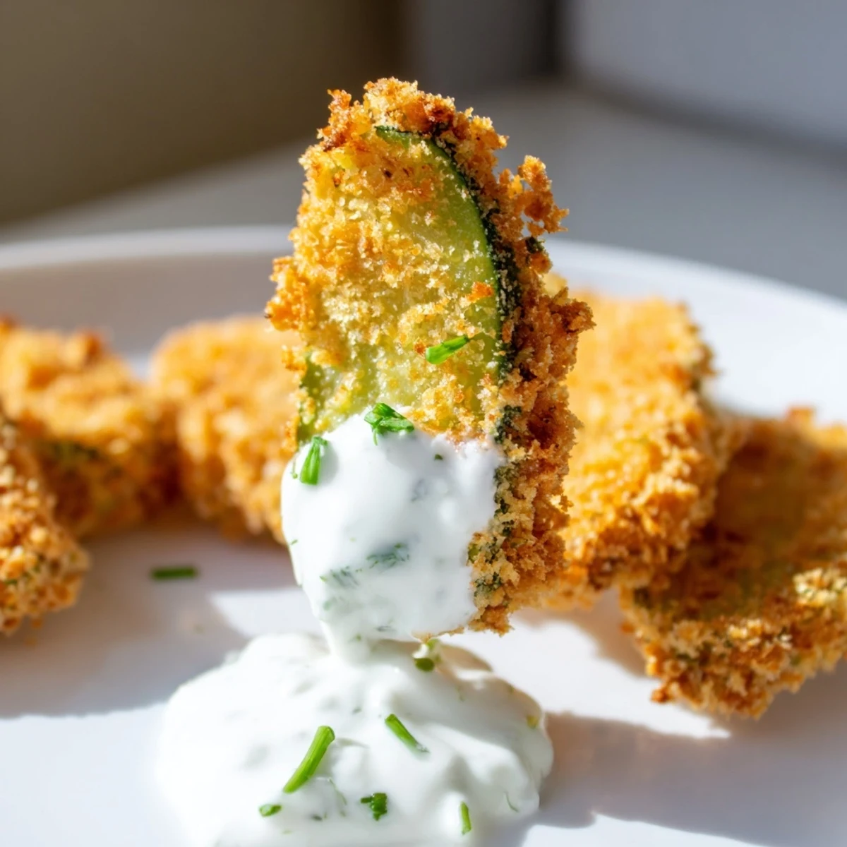 Golden, crunchy End Zone Fried Pickles stacked high alongside a cool, creamy ranch dip on a wooden board.