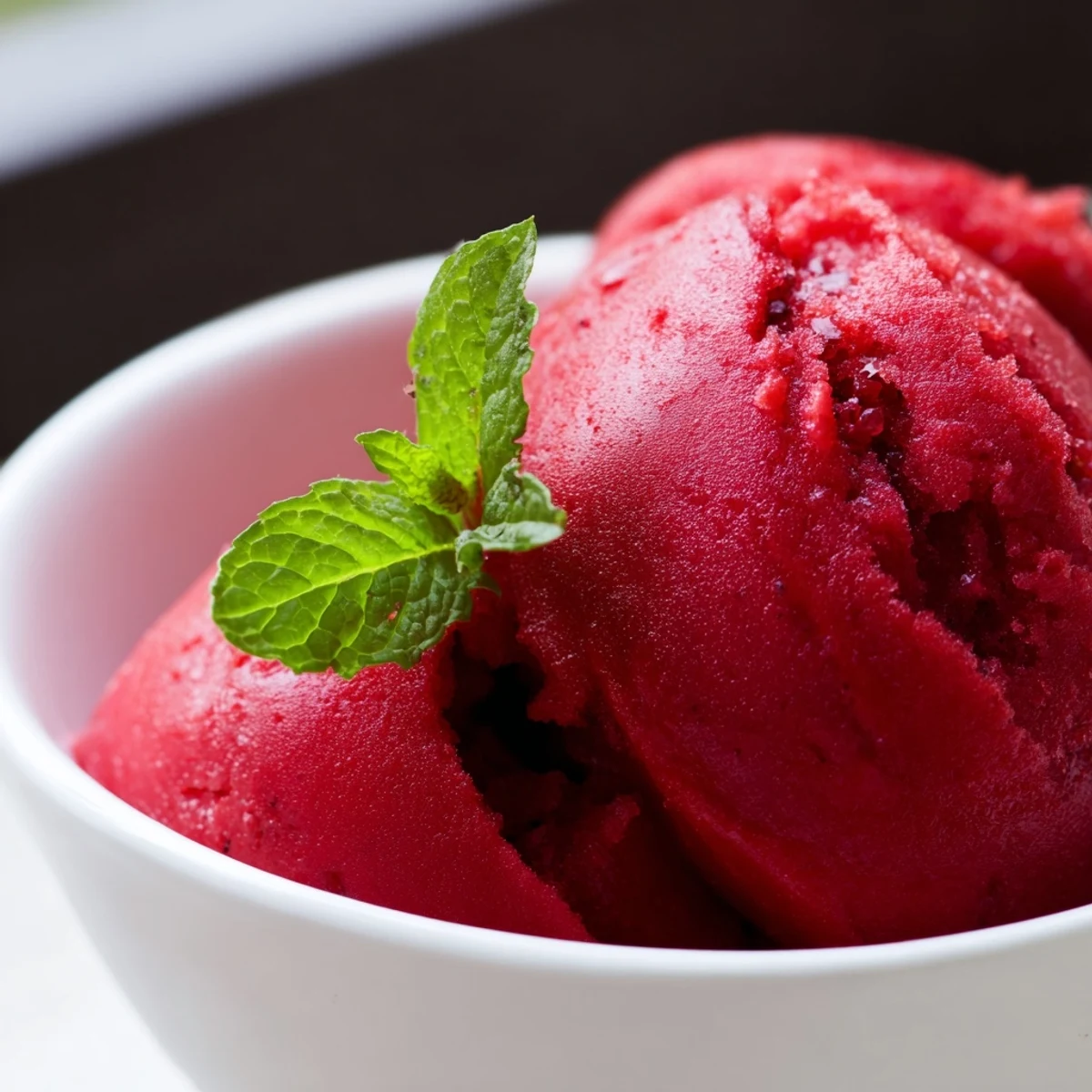 A scoop of vibrant raspberry sorbet with fresh mint glistens in a chilled bowl, ready for a refreshing summer dessert.