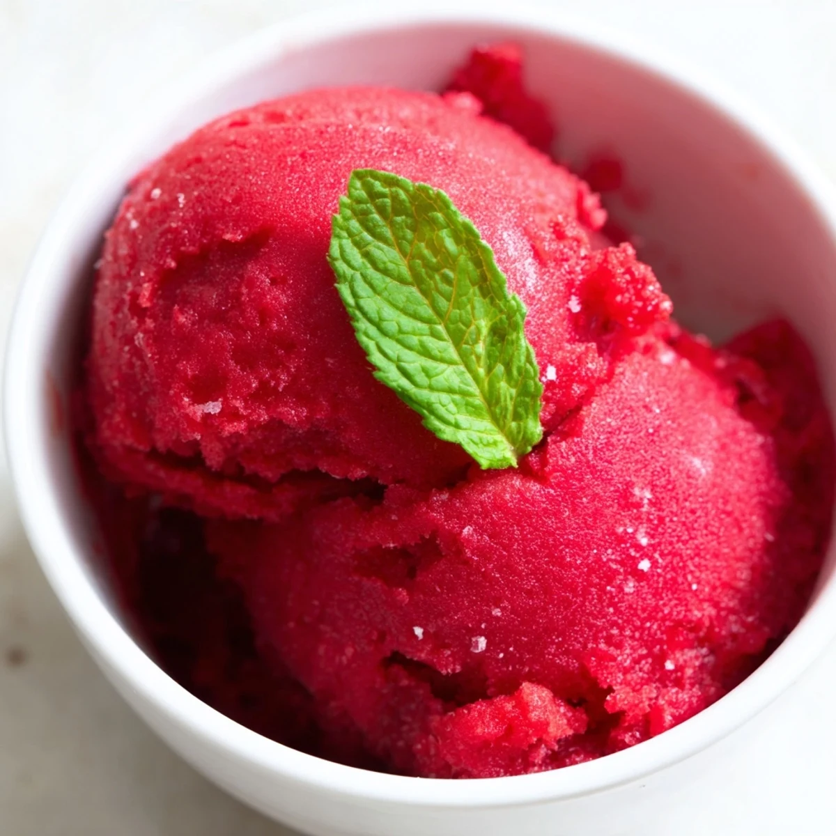 Perfectly churned Raspberry Sorbet with Fresh Mint topped with a sprig of mint and fresh raspberries for garnish.