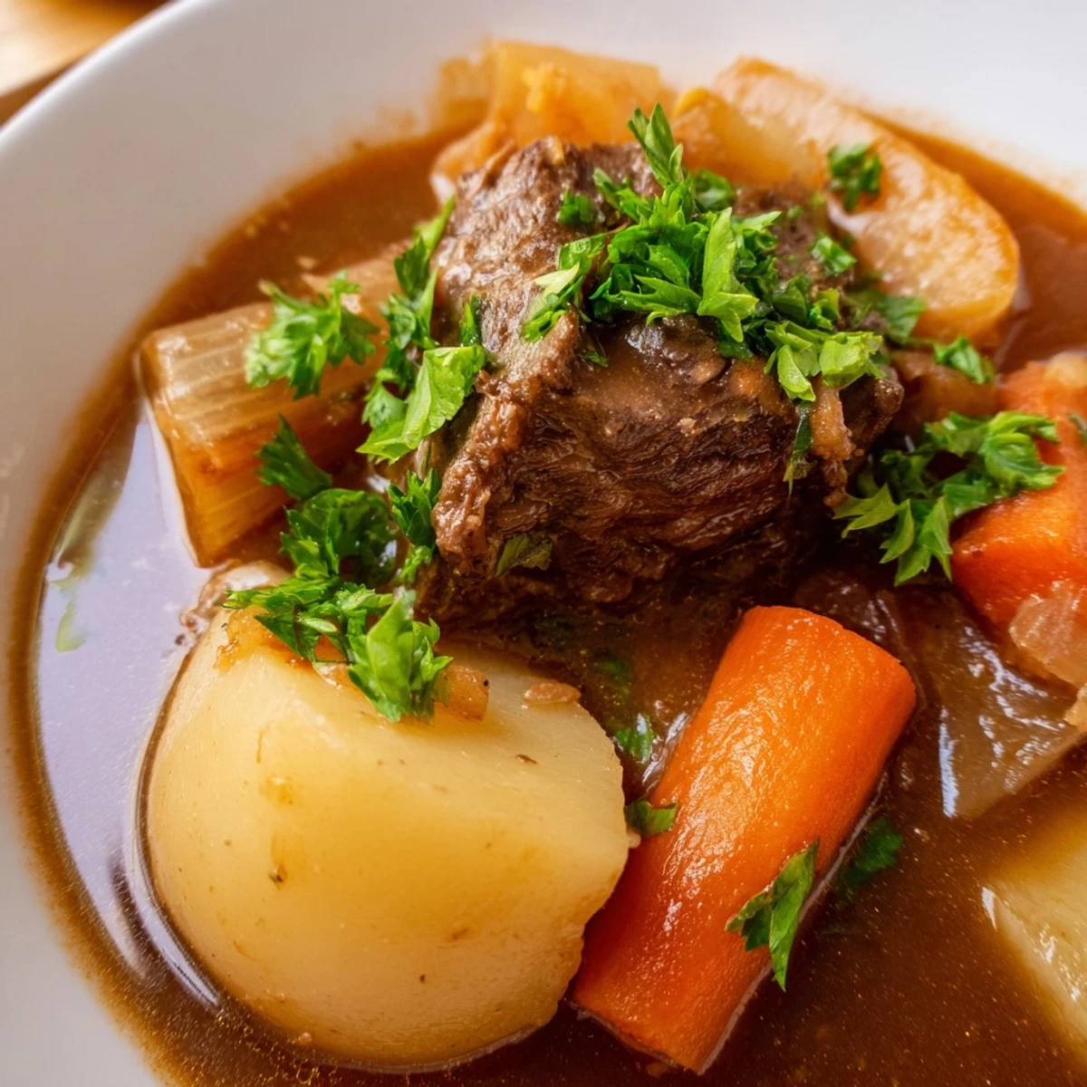 A close-up of Traditional Irish Lamb Stew in a rustic bowl, showcasing soft carrots and potatoes in a rich broth.