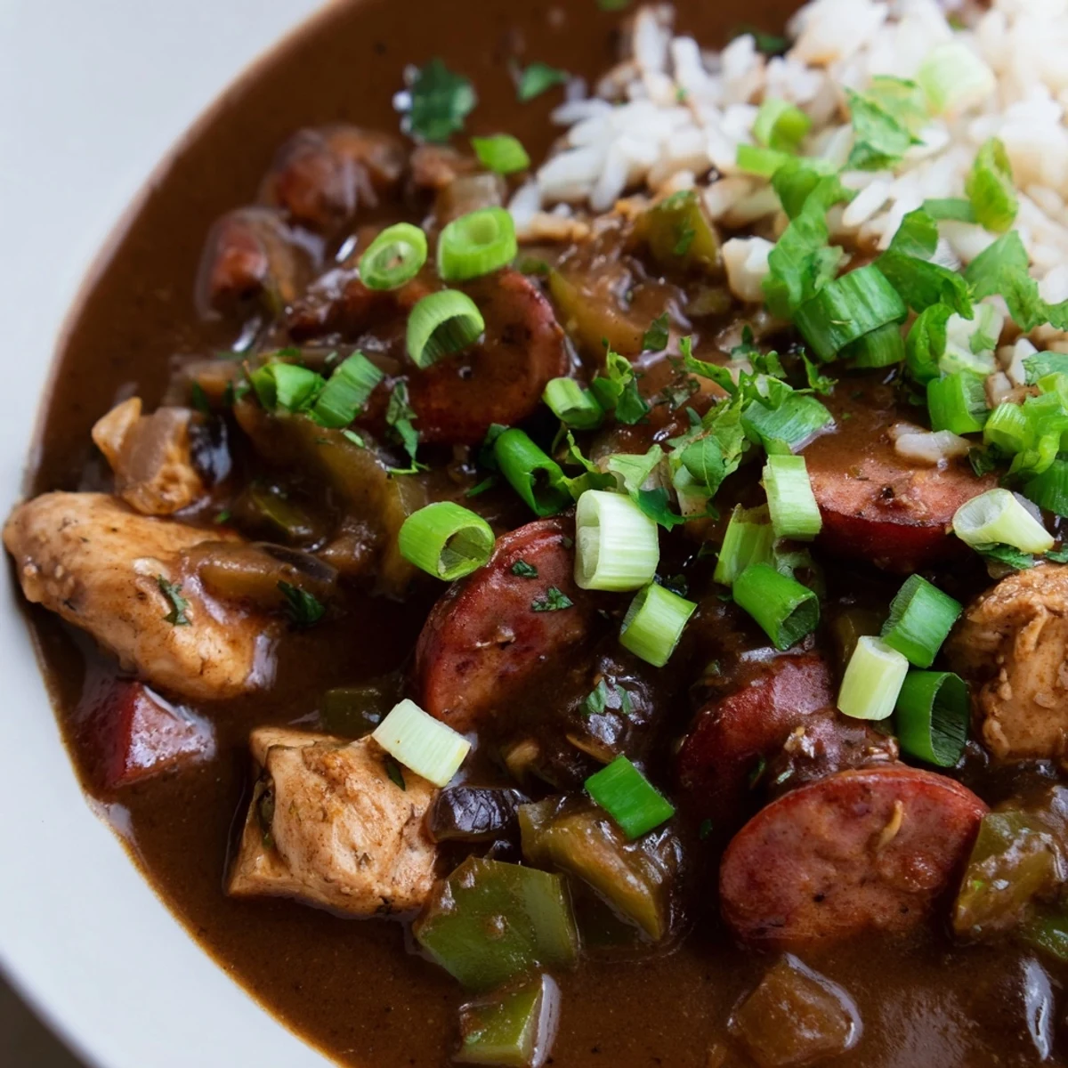 A close-up of Chicken Andouille Sausage Gumbo served in a rustic bowl over fluffy white rice, garnished with fresh parsley.  