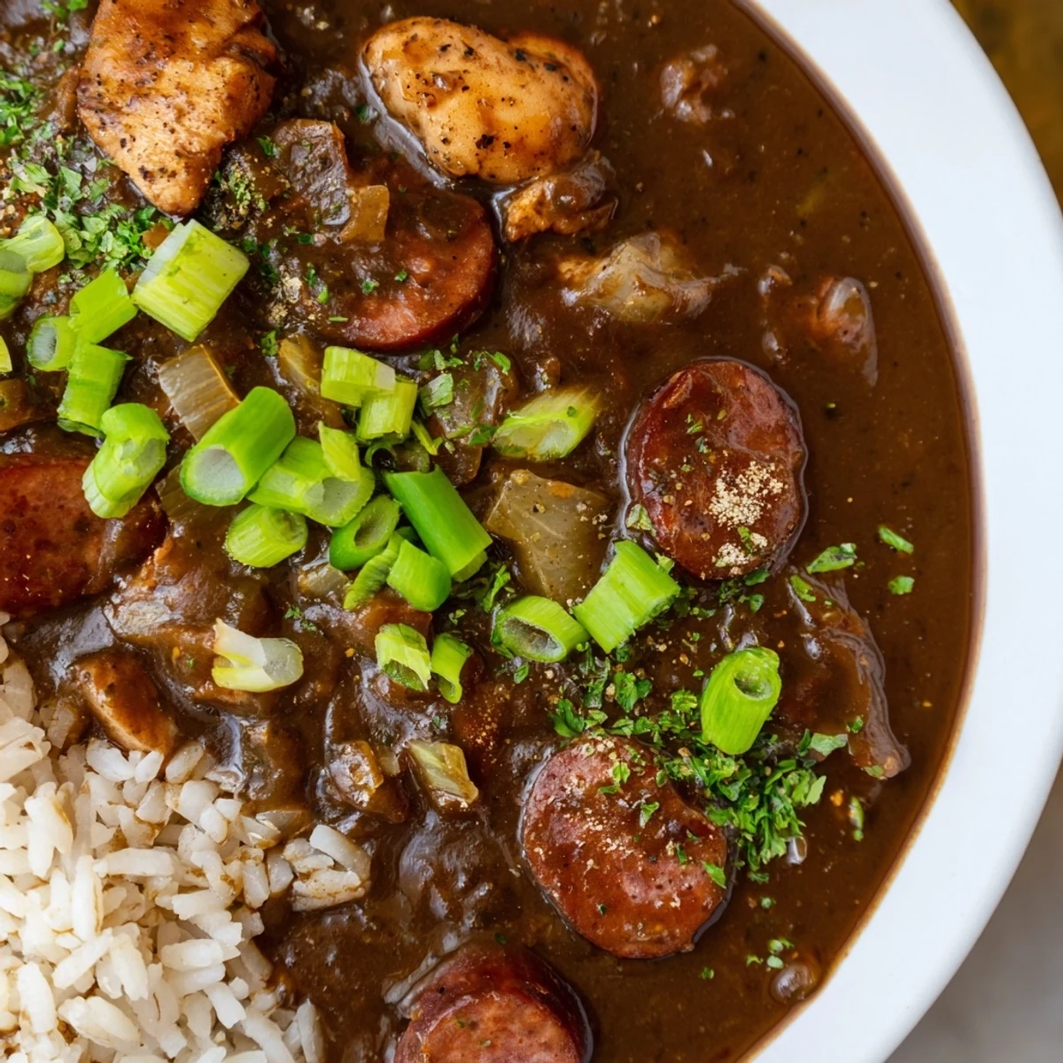 Hearty Chicken Andouille Sausage Gumbo simmering in a Dutch oven, revealing vibrant bell peppers and Cajun spices in the stew.