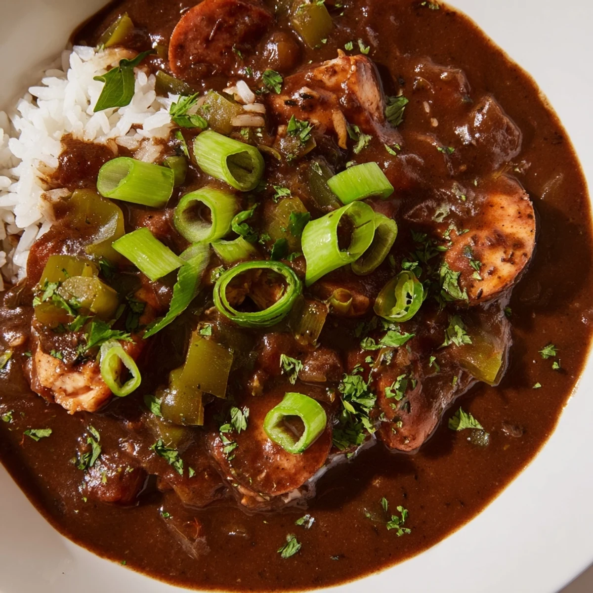 Spoon dipping into a steaming bowl of Chicken Andouille Sausage Gumbo, showcasing tender chicken pieces and rich, dark roux broth.  