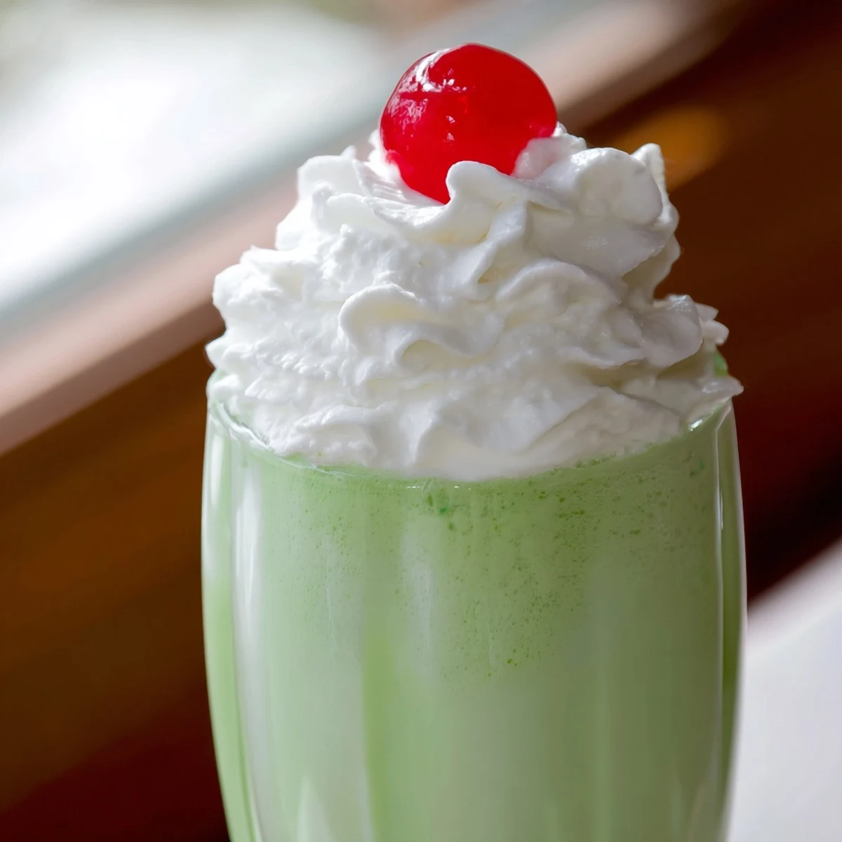 A vibrant green Shamrock Shake topped with fluffy whipped cream and a bright maraschino cherry, served in a tall glass with a straw.