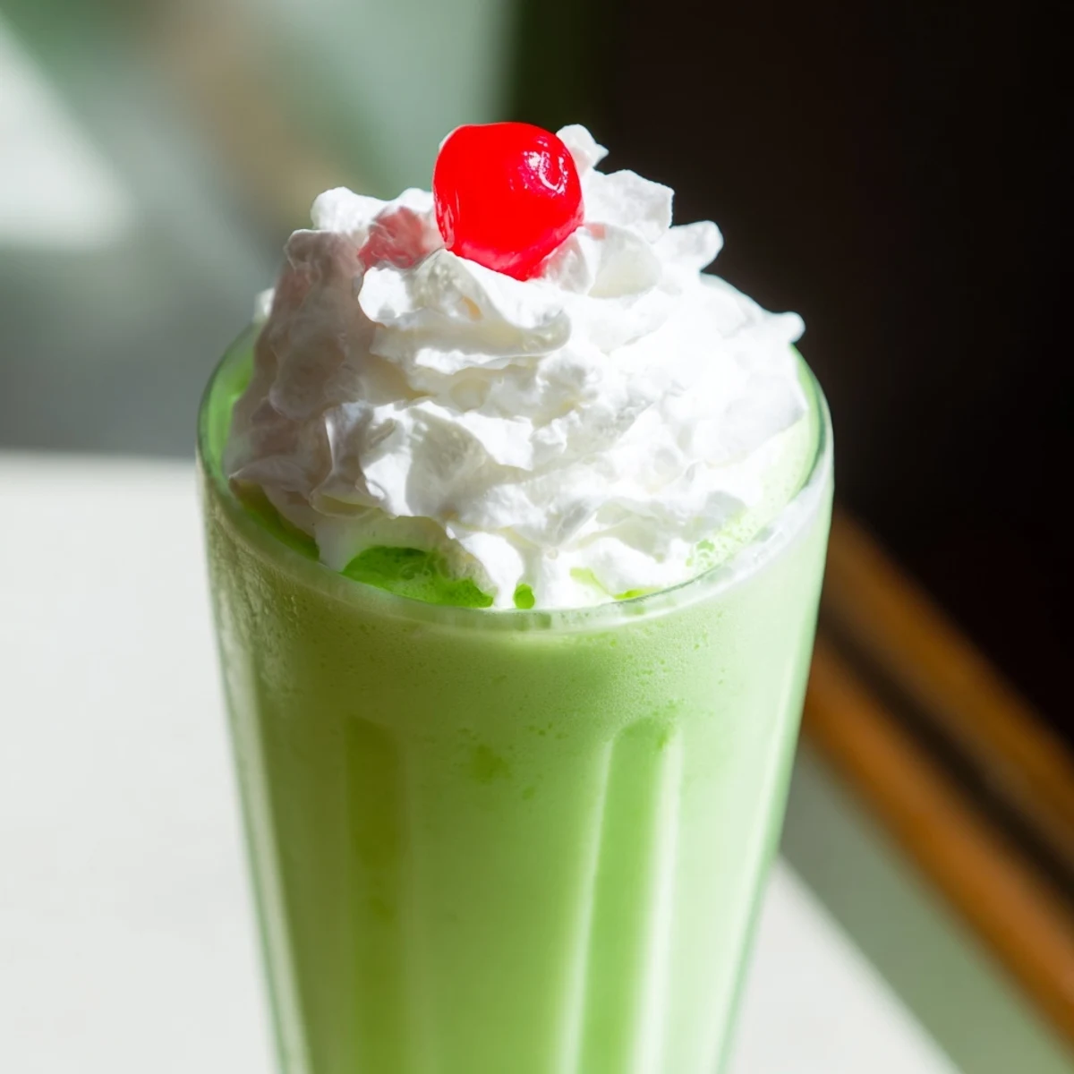 A tall, frosty Shamrock Shake garnished with whipped cream and a cherry, paired with a straw on a bright serving surface for immediate enjoyment.