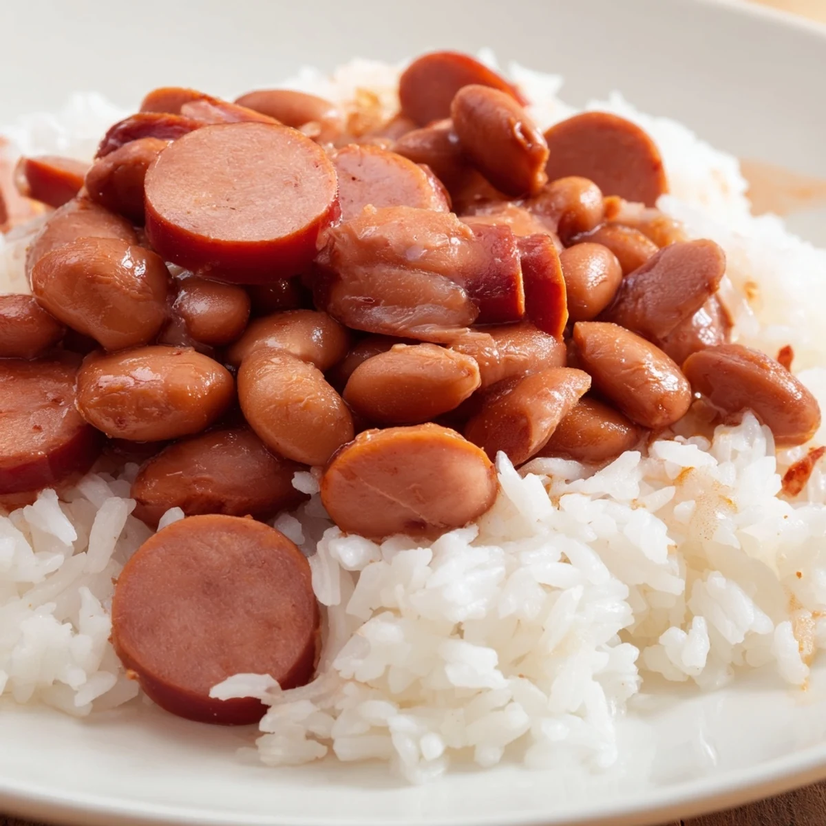 Creamy New Orleans Red Beans and Rice with Turkey Sausage, simmered with onions, peppers, and celery.  