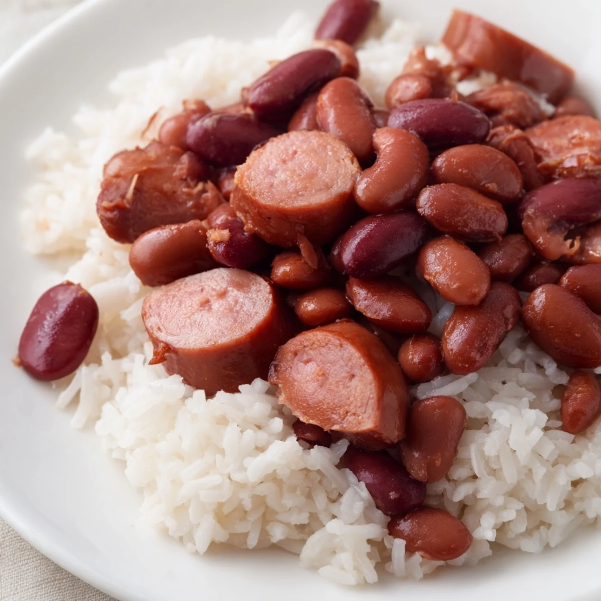 New Orleans Red Beans and Rice with Turkey Sausage served hot over fluffy rice, garnished with fresh green onions.  