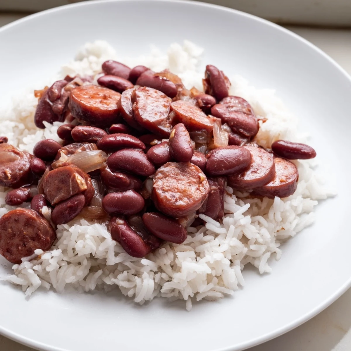 Hearty Creole-style New Orleans Red Beans and Rice with Turkey Sausage, perfect with a dash of hot sauce.