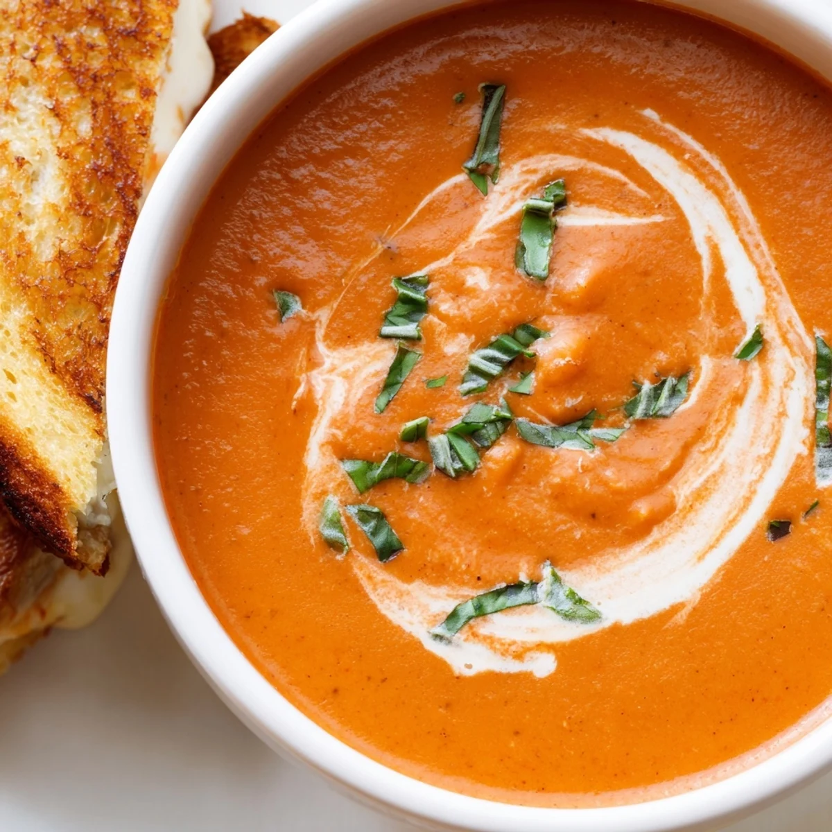 Creamy tomato basil bisque steams in a white bowl, garnished with fresh basil and paired with a golden, gooey grilled cheese sandwich on a rustic plate.  