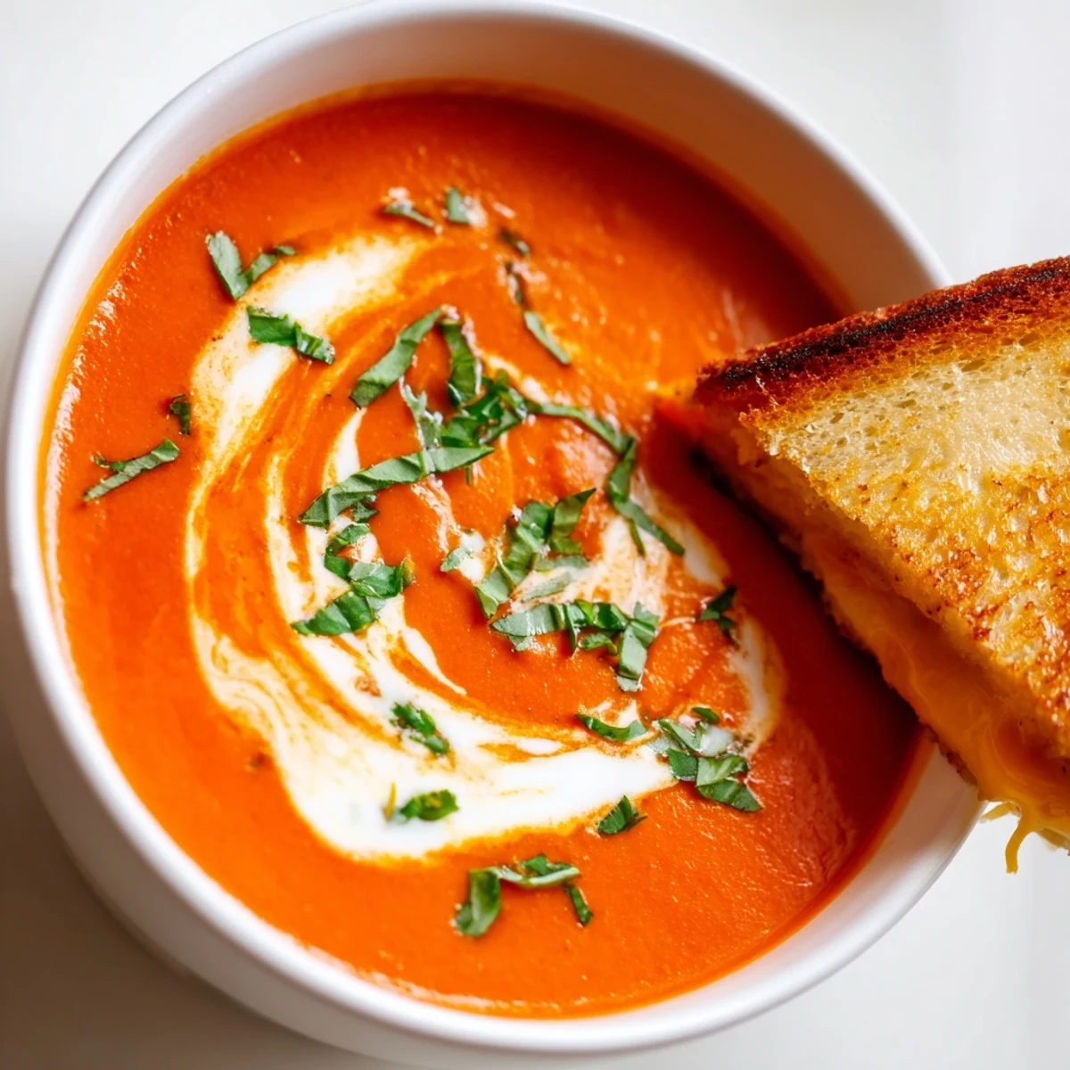 Hearty tomato basil bisque with a velvety cream finish, served alongside a crispy grilled cheese perfect for dipping and cozy comfort.  