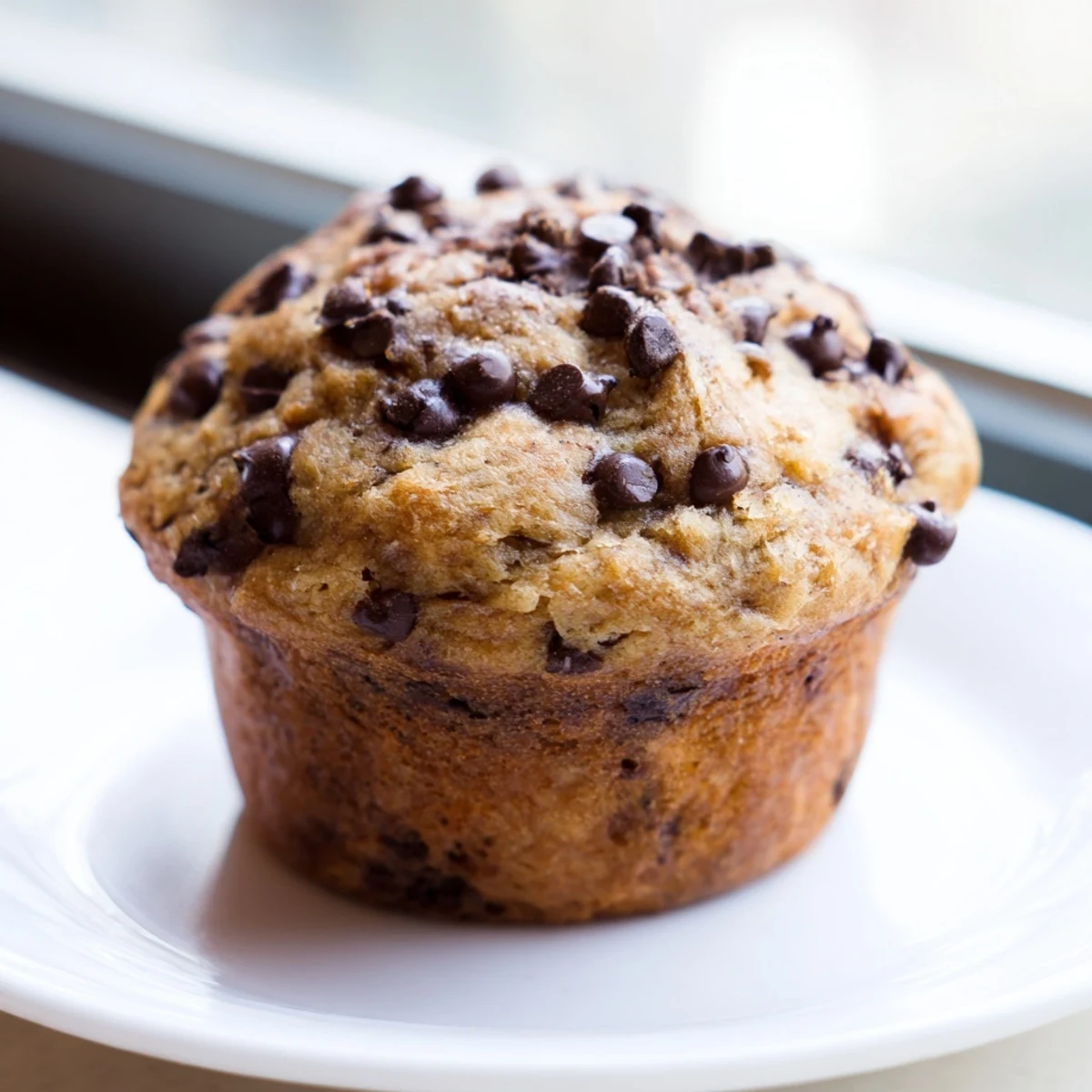 Freshly baked Chocolate Chip Banana Bread Muffins with golden tops and melty chocolate puddles on a cooling rack.
