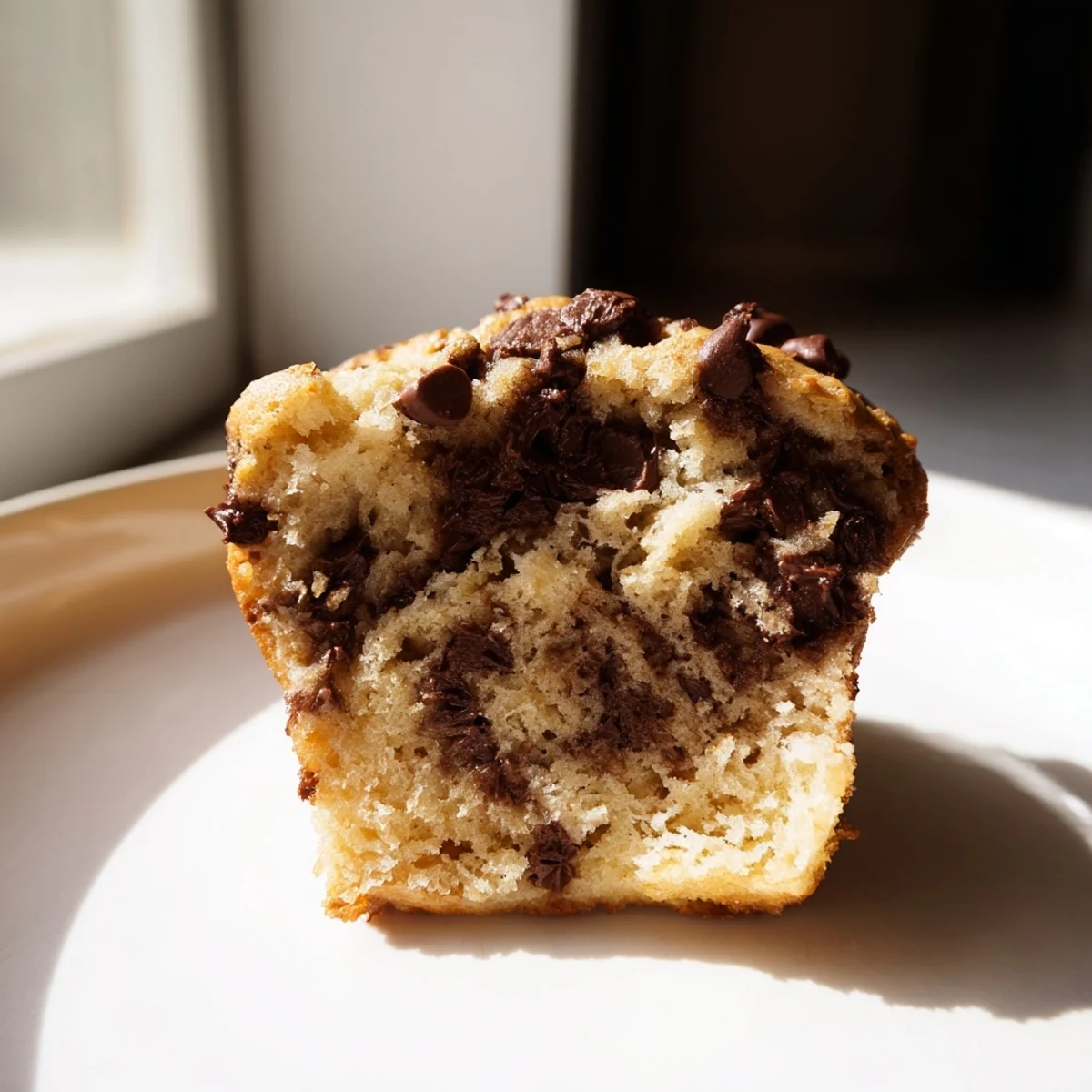 Warm, moist Chocolate Chip Banana Bread Muffins piled on a plate, ready for breakfast or an afternoon snack.