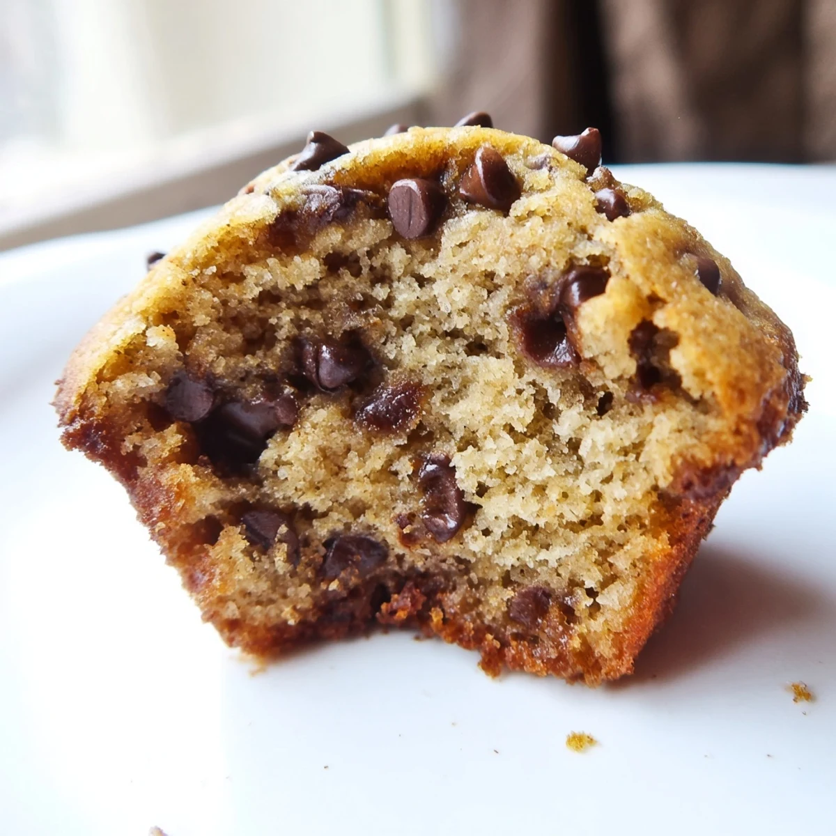 Golden-brown Chocolate Chip Banana Bread Muffins in a muffin tin, with chocolate chips melting into the tender crumb.