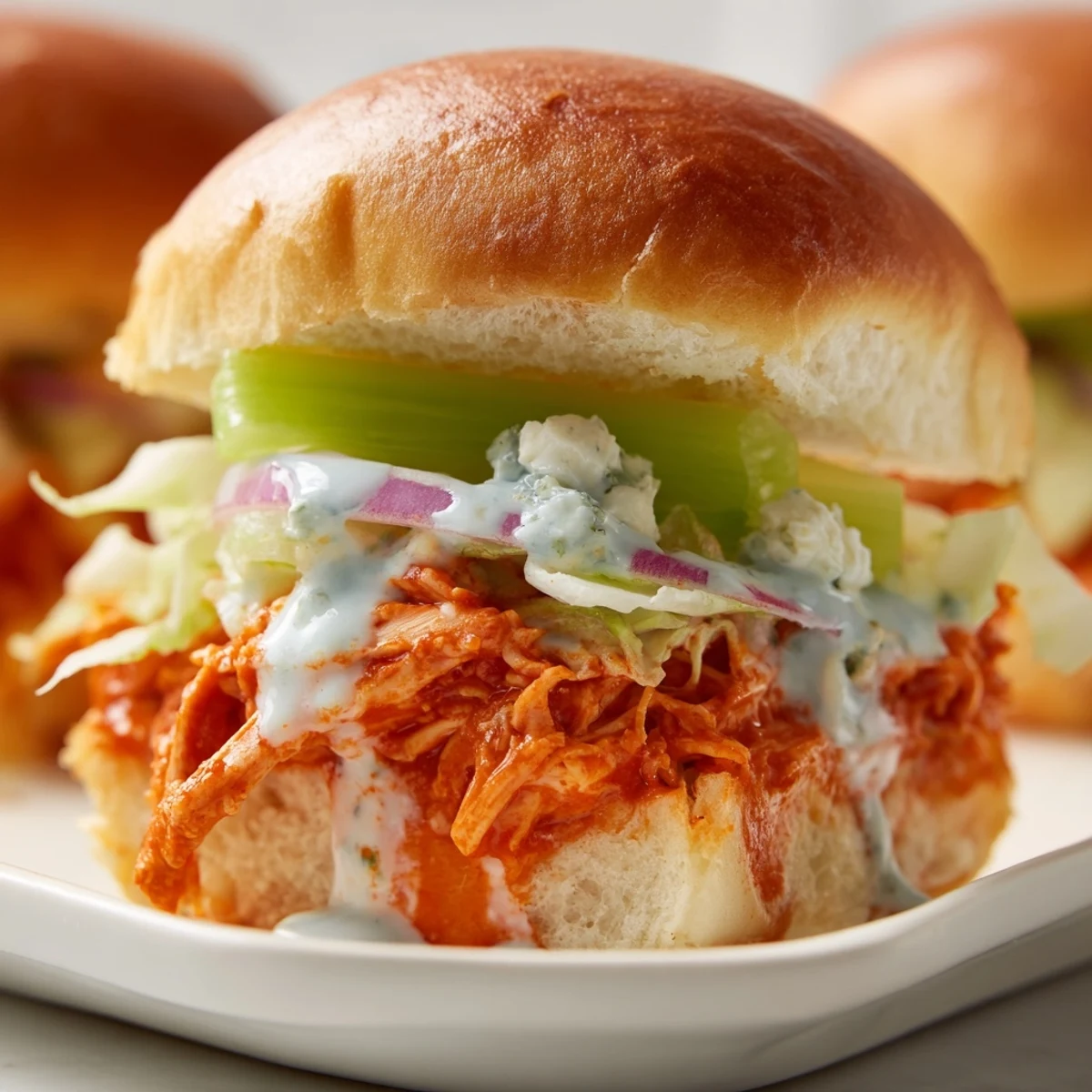 Golden toasted slider buns hold spicy Buffalo chicken, crisp lettuce, celery, and a generous dollop of creamy blue cheese sauce.  