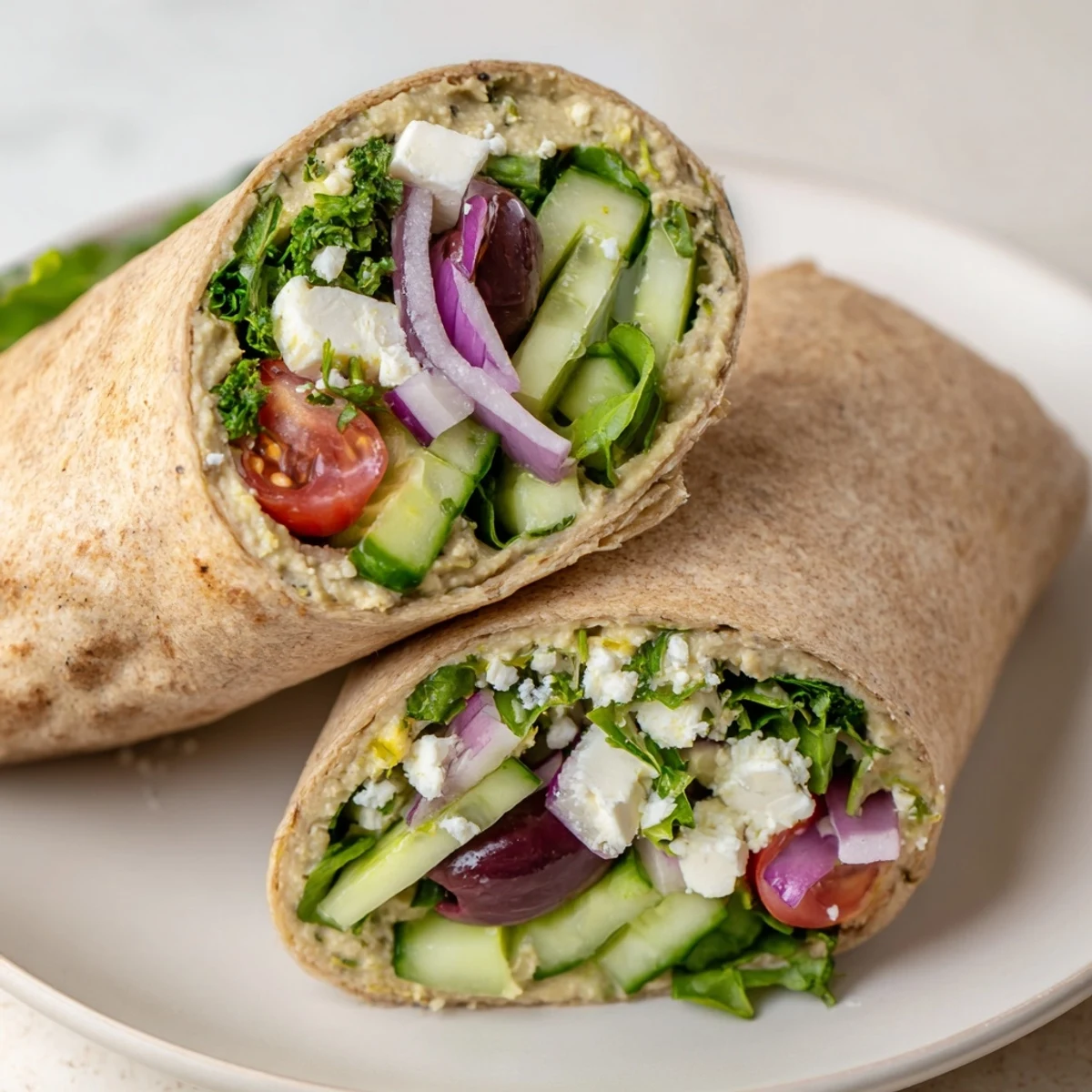 FRESH Mediterranean Wrap with Feta and Olives on a wooden board, sliced to reveal crunchy cucumbers, juicy tomatoes, and creamy cheese.