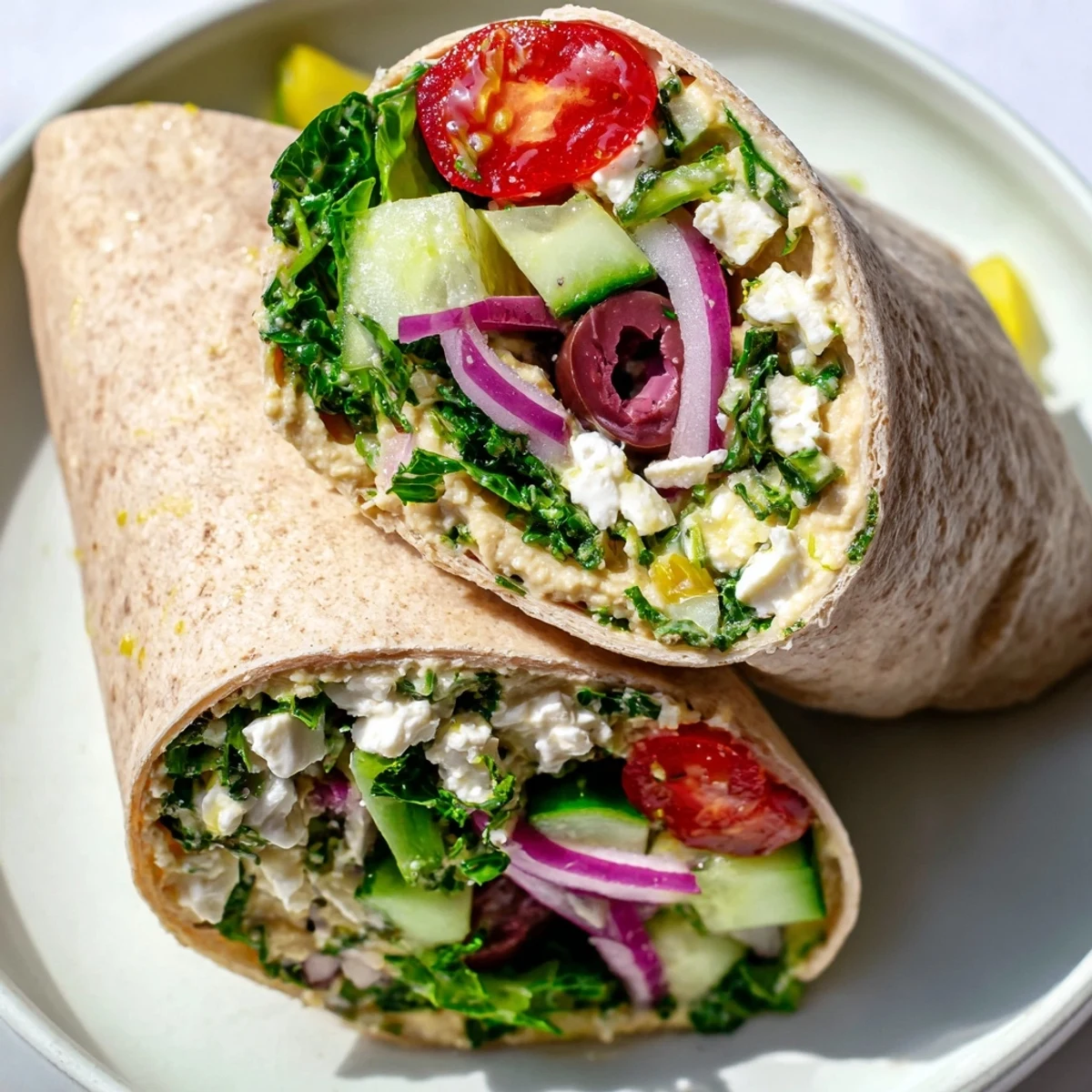 OVERHEAD VIEW of a Mediterranean Wrap with Feta and Olives, drizzled with lemon dressing and garnished with vibrant fresh parsley.