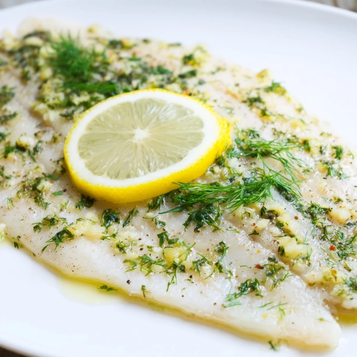 Four servings of Baked Tilapia with Herbs, garnished with fresh herbs and lemon slices, plated for dinner.