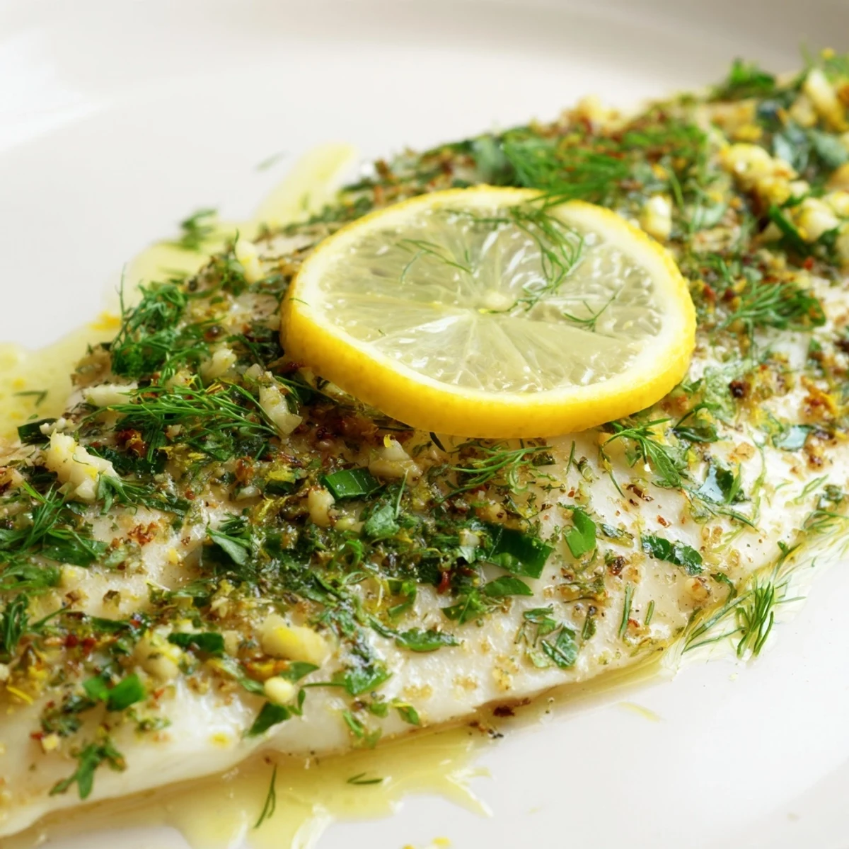 Close-up of Baked Tilapia with Herbs, brushed with olive oil and herbs, ready to be served with veggies.