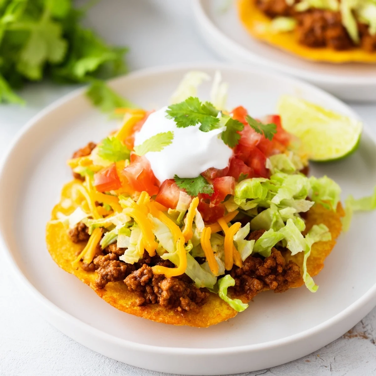 Crispy corn tostadas topped with seasoned beef, melted cheese, and fresh toppings like lettuce and lime.