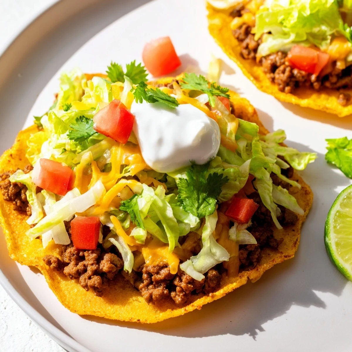Golden baked beef tostadas with refried beans, cheddar, and jalapeños on a rustic kitchen counter.