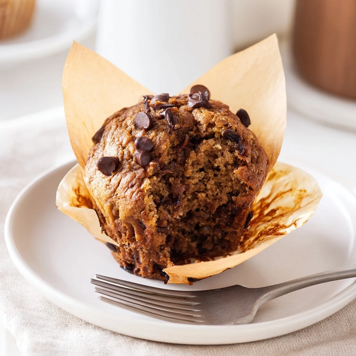A close-up of freshly baked chocolate banana muffins with melty chocolate chips on top, resting on a wire rack.  