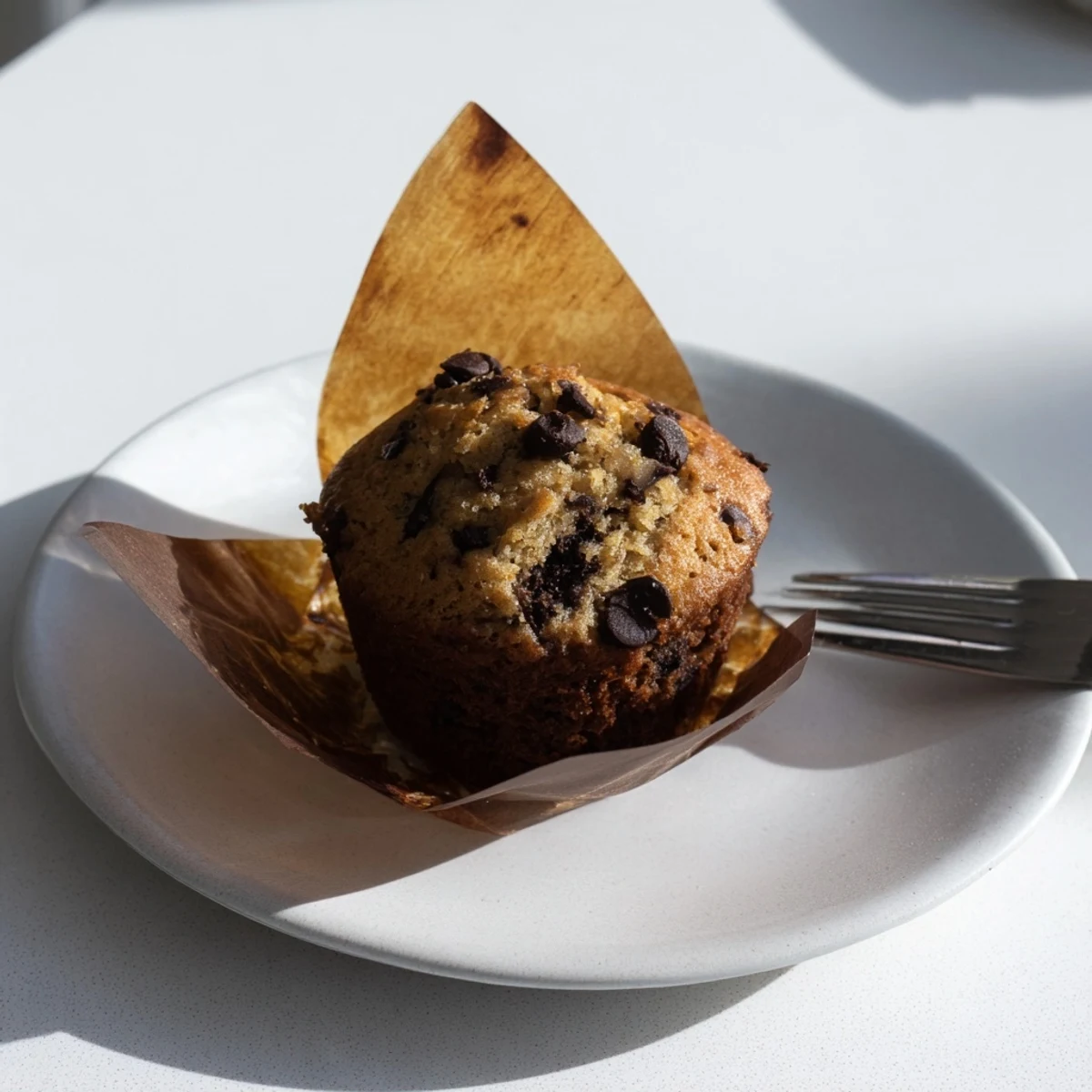 Warm chocolate banana muffins with golden edges sit on a rustic wooden table, steam rising slightly.  