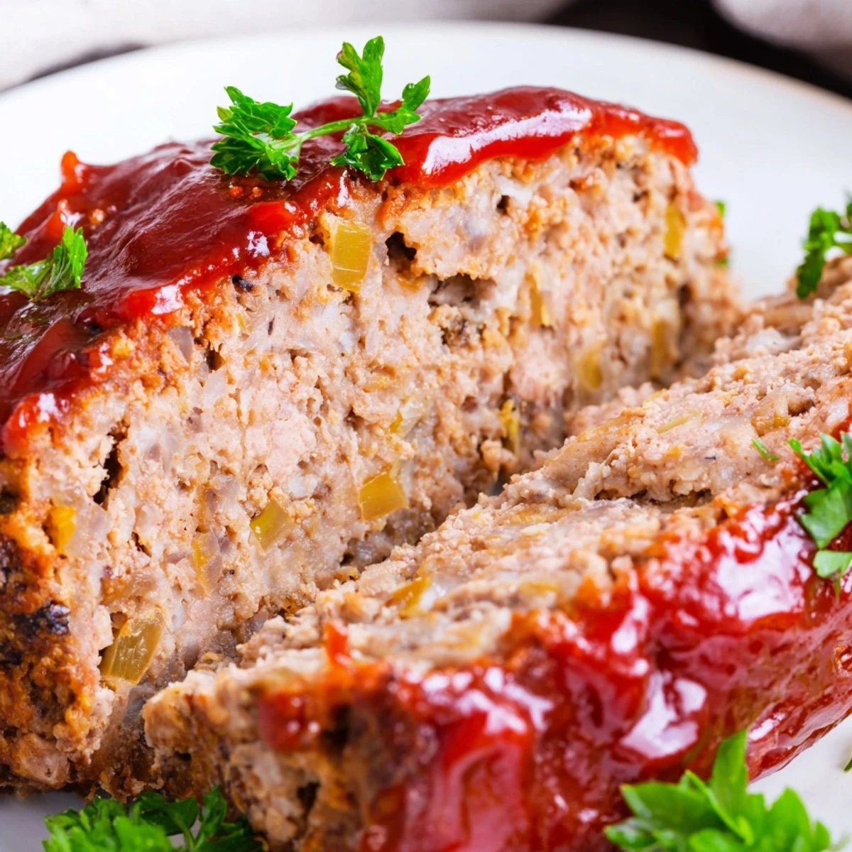 Golden-brown Turkey Meatloaf with Ketchup Glaze on a white plate, garnished with fresh parsley, sliced to reveal its juicy interior.