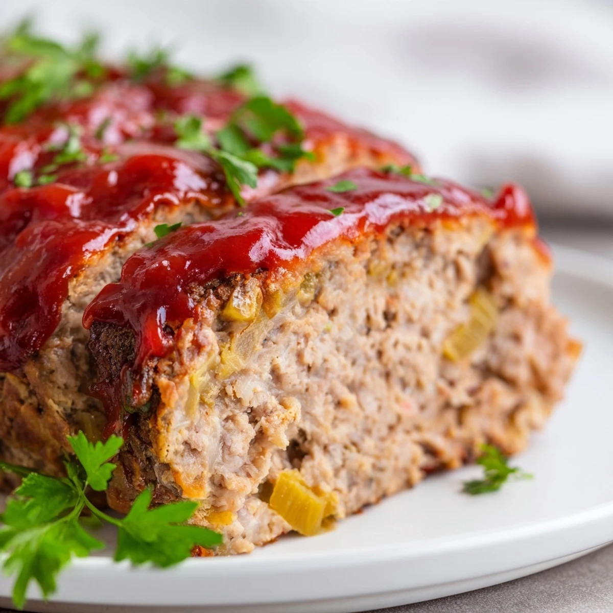 Freshly baked Turkey Meatloaf with Ketchup Glaze resting on a rustic wooden cutting board, steam rising from the tender slices.