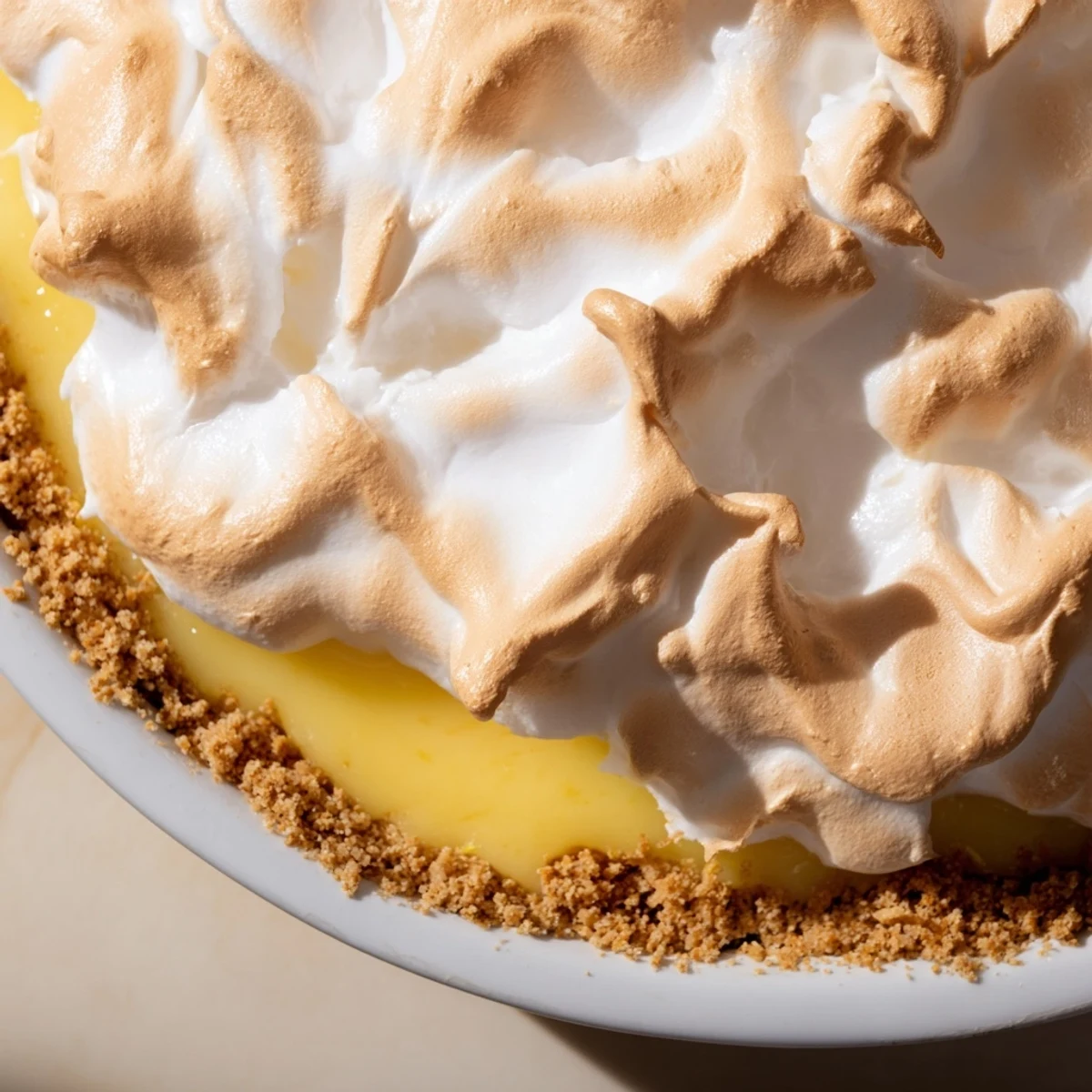 Freshly baked Lemon Meringue Pie with a golden graham cracker crust and fluffy meringue peaks, served on a rustic wooden table.
