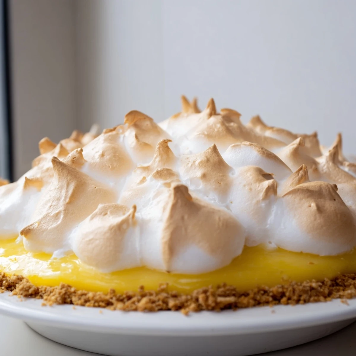 Zesty Lemon Meringue Pie slice reveals a bright yellow filling, flaky crust, and toasted meringue topping, perfect for a summer dessert.