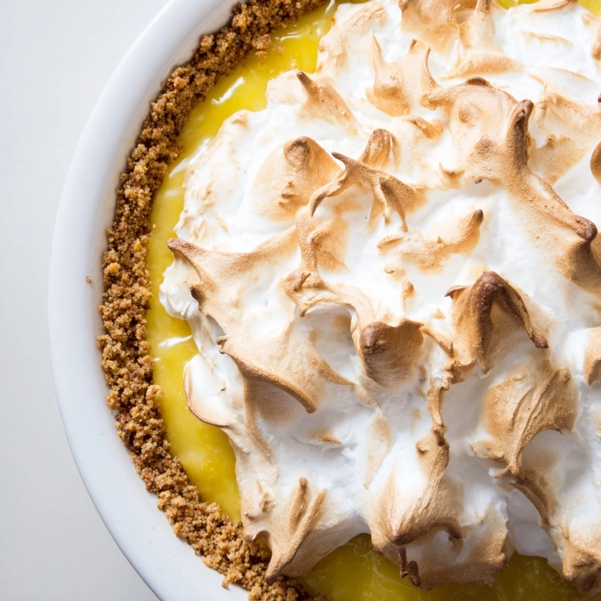 Homemade Lemon Meringue Pie features a crunchy graham cracker base, smooth lemon curd, and golden-brown meringue, ready to serve chilled.
