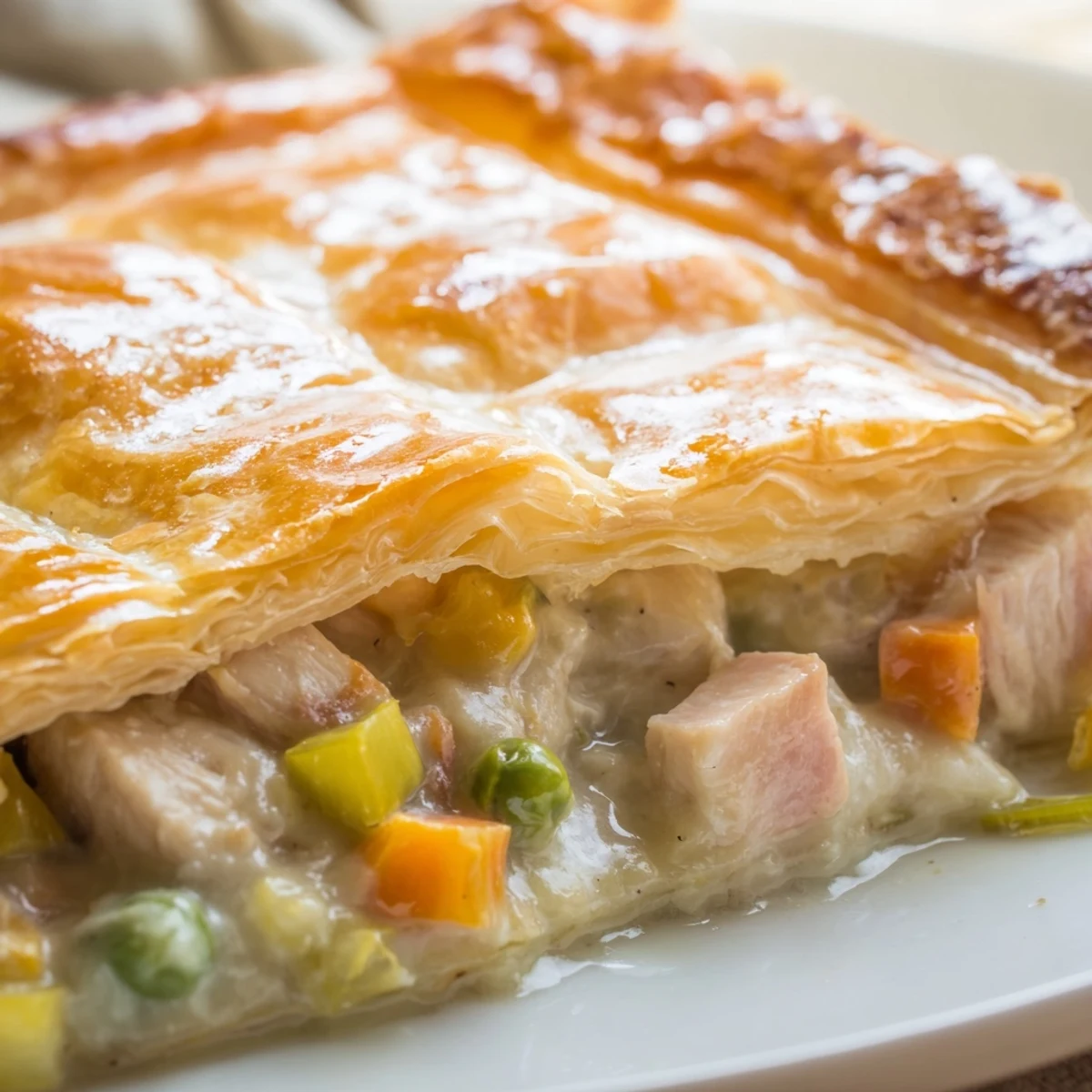 Golden brown puff pastry covers a creamy turkey pot pie with peas and carrots in a white dish.