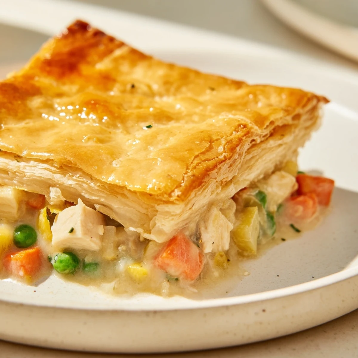 Flaky pastry crust tops a bubbling turkey pot pie, served hot on a rustic wooden table.