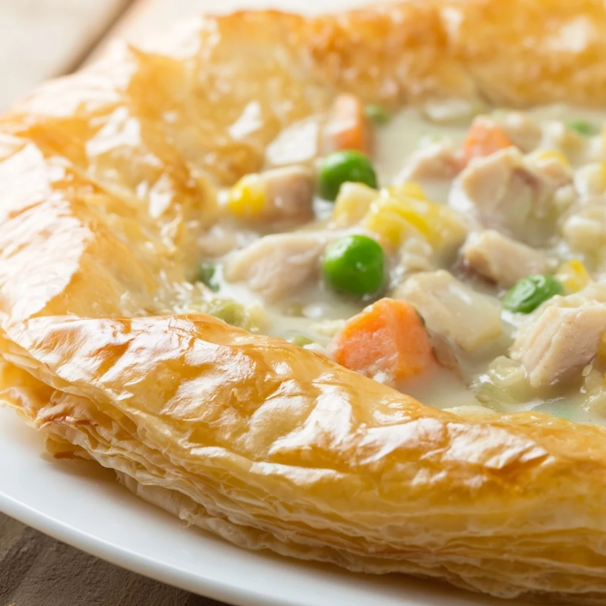 Steaming turkey pot pie with puff pastry, fresh thyme garnish, and a side salad on marble counter.