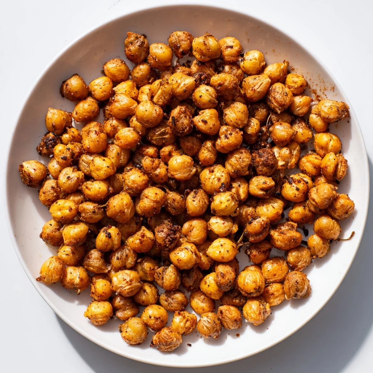 Golden-brown Spicy Roasted Chickpeas with Cumin piled high on a rustic wooden serving board.