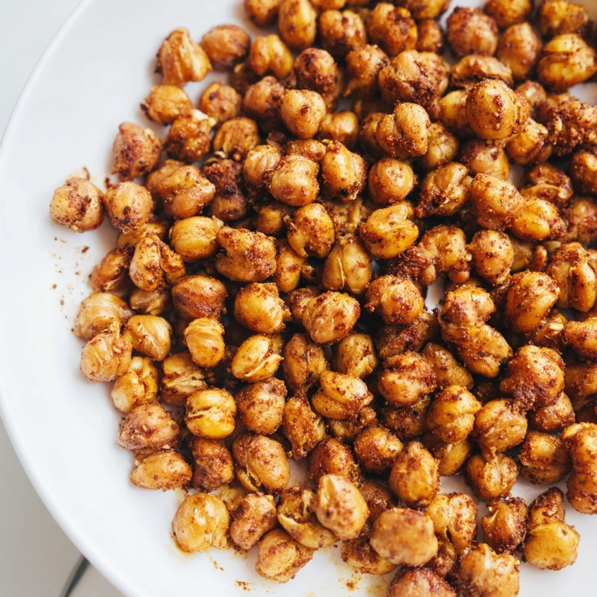 Close-up of crunchy Spicy Roasted Chickpeas with Cumin resting on a baking sheet, steam rising.