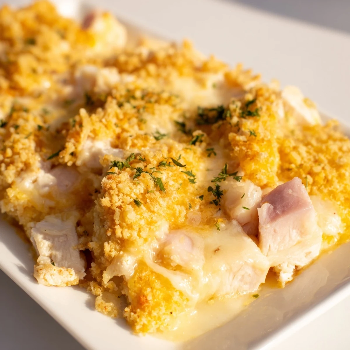 Golden, bubbly Chicken Cordon Bleu Casserole fresh from the oven, topped with toasted panko.