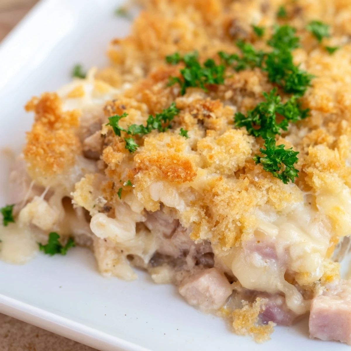 Sliced into a hearty serving of Chicken Cordon Bleu Casserole, revealing creamy layers inside.