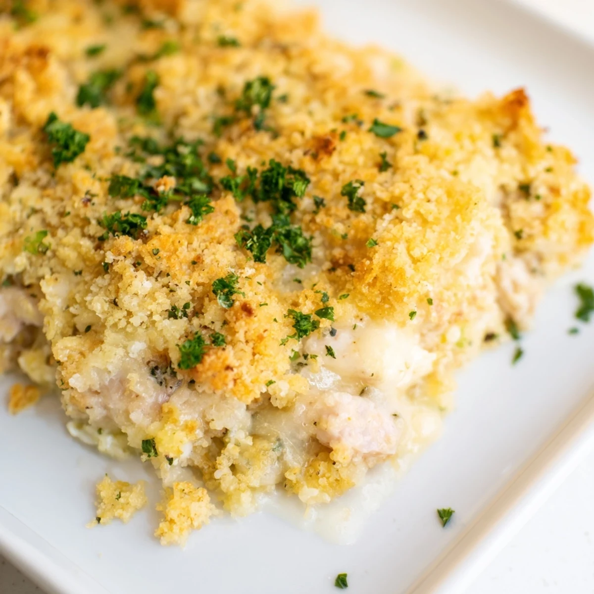 Comforting Chicken Cordon Bleu Casserole plated with fresh parsley and a crisp green salad.