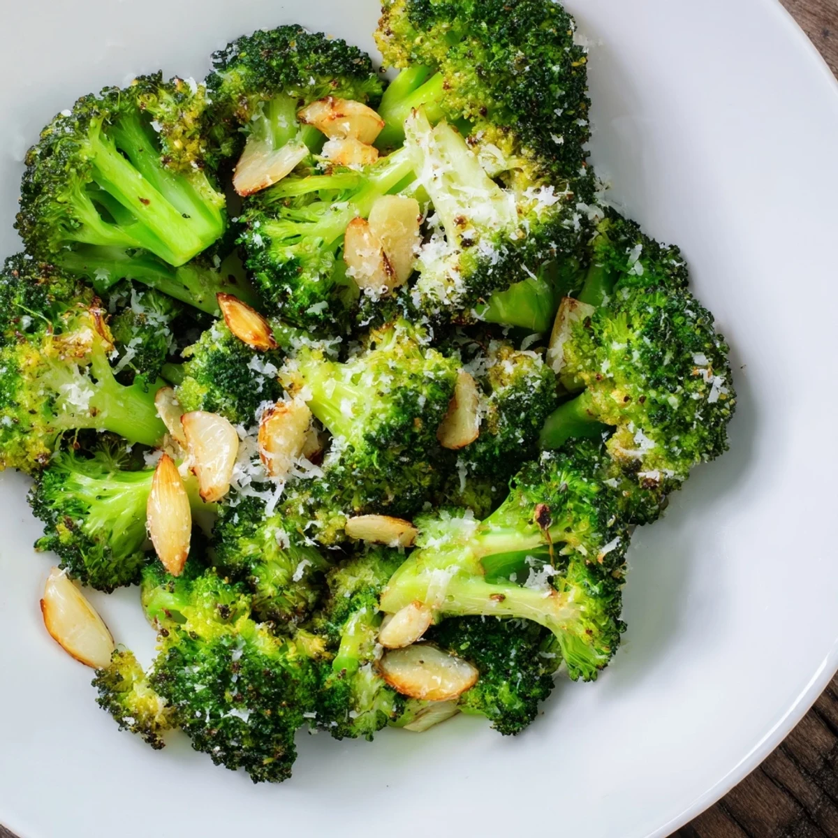 Golden-brown Roasted Broccoli with Garlic and Parmesan on a baking sheet with melted cheese and sliced garlic.