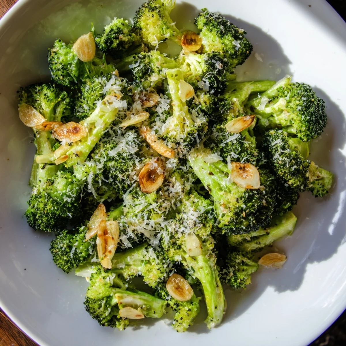 Tender-crisp Roasted Broccoli with Garlic and Parmesan served as a healthy Italian-inspired side dish at dinner.