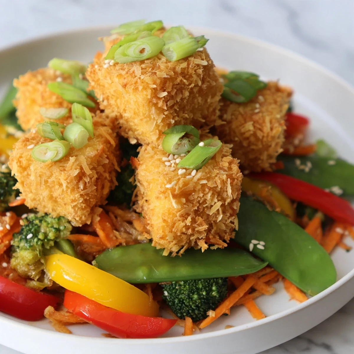 Golden, crispy coconut tofu cubes rest atop vibrant stir-fried vegetables drizzled with zesty soy-lime sauce.