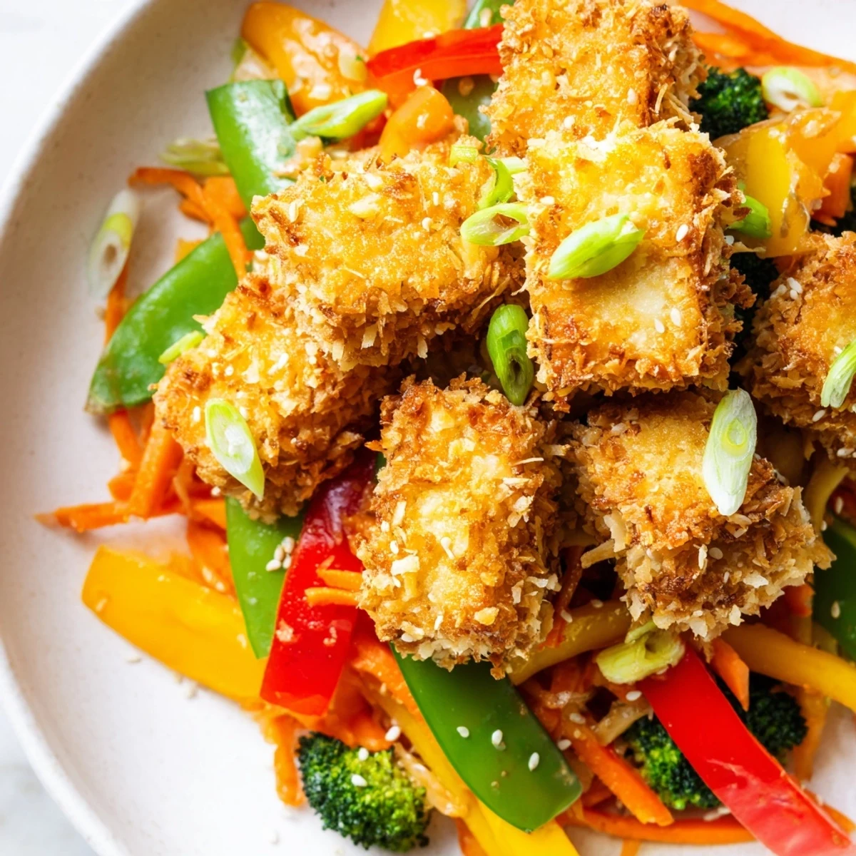 Crunchy coconut tofu with stir fry veggies, garnished with sesame seeds and lime wedges, served on a ceramic plate.