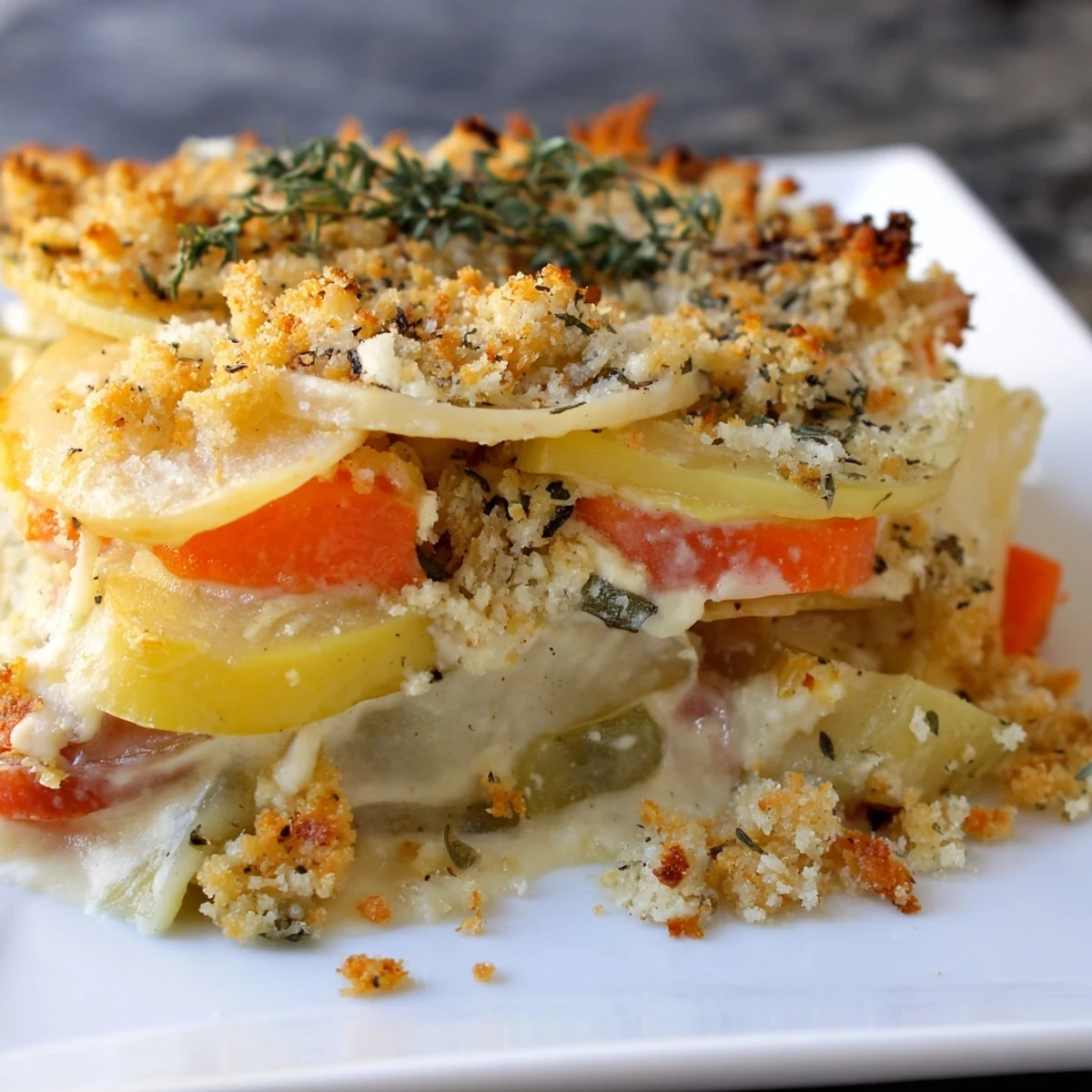 Golden-baked Winter Vegetable Gratin with bubbly Gruyère and crisp breadcrumbs, served warm in a casserole dish.