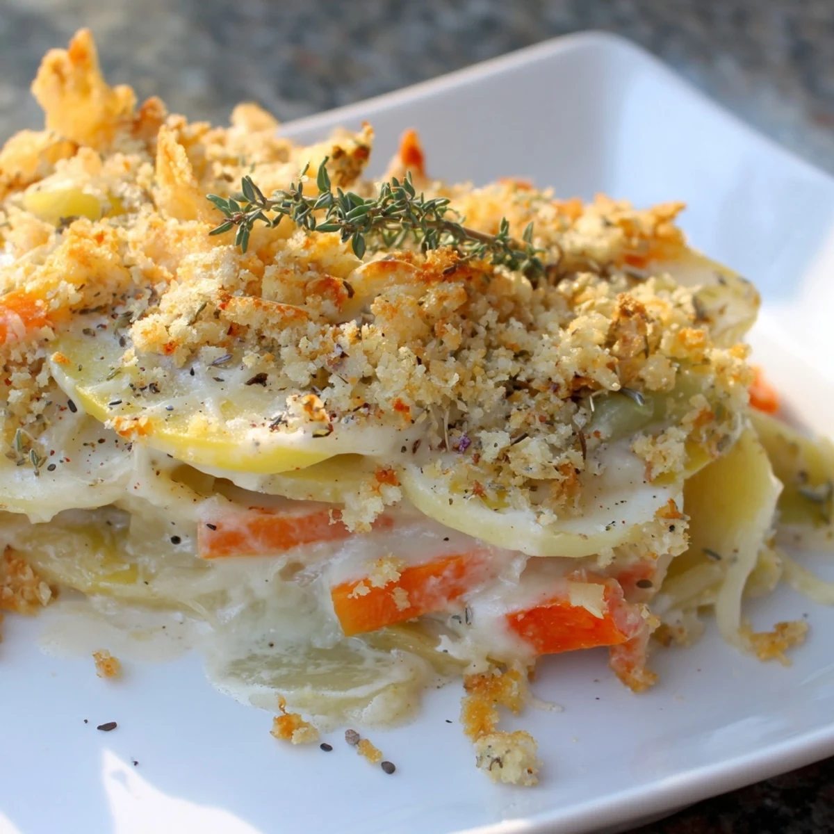 Freshly sliced carrots, potatoes, and parsnips layer beneath creamy sauce and nutty golden Gruyère cheese.