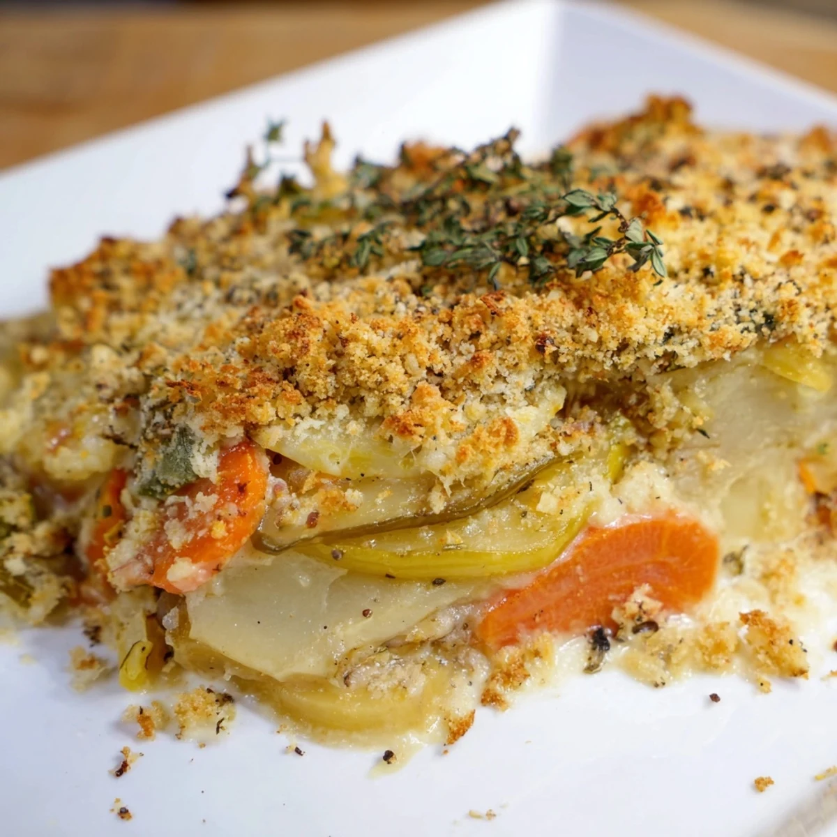 Rustic Winter Vegetable Gratin with Gruyère bubbling in a baking dish, finished with fresh thyme garnish.