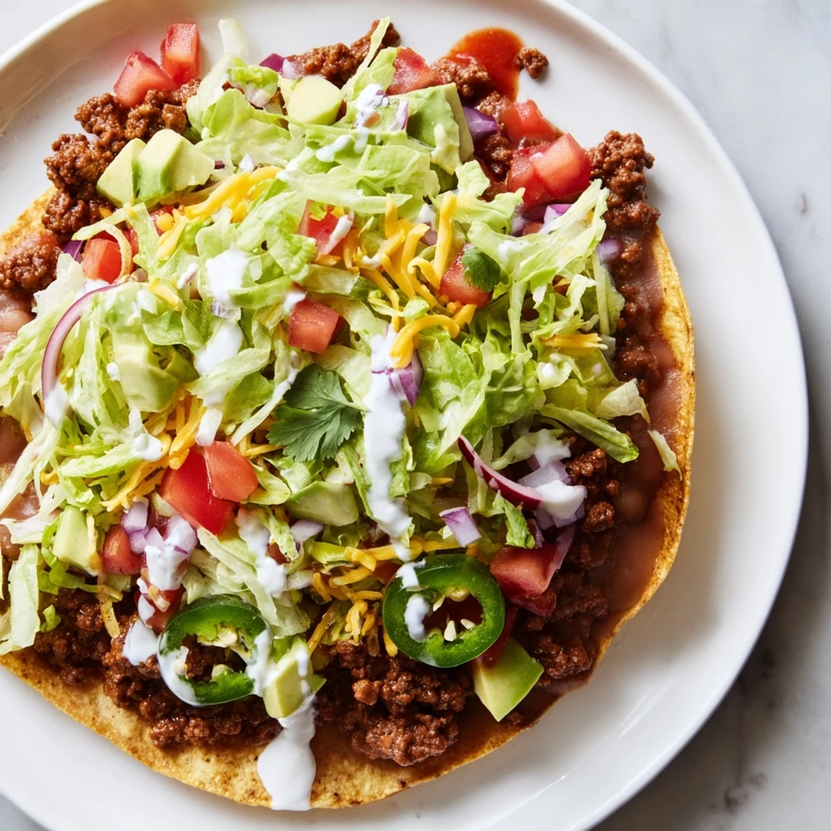 Crispy corn tostada shells are generously layered with creamy refried beans and savory seasoned ground beef for this Beef Tostadas recipe.