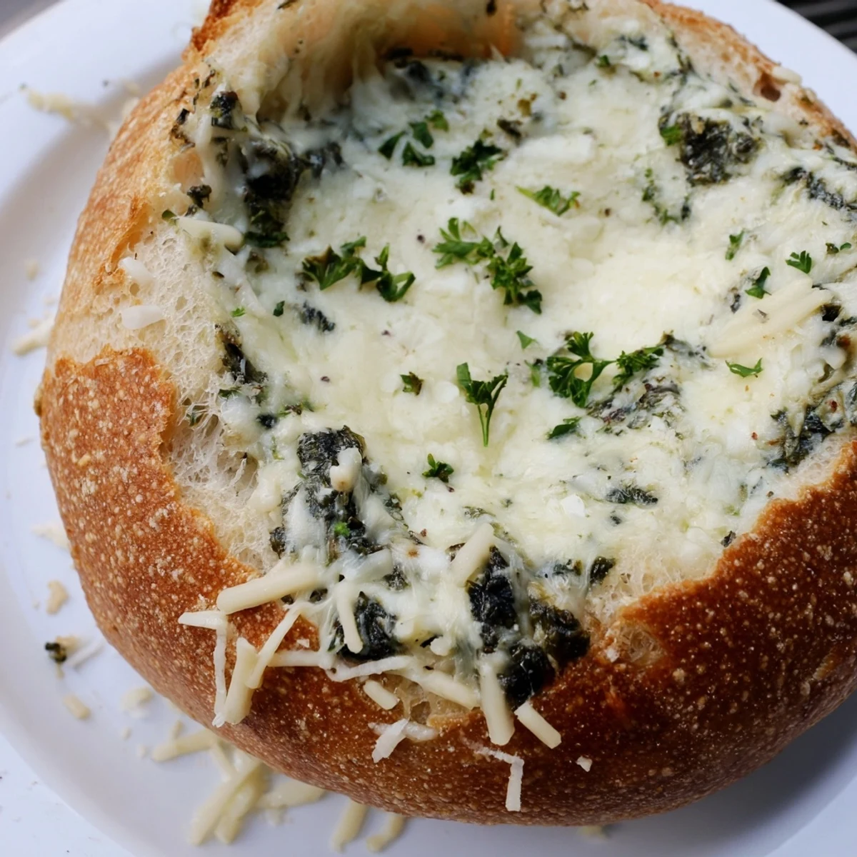 Golden, bubbly Creamy Spinach Dip served from a hollowed sourdough bread bowl with extra pieces for dipping.